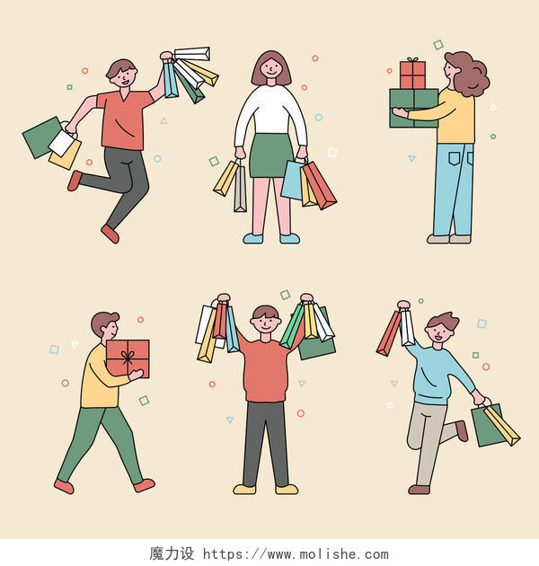 男人和女人在商店携带购物袋购物平面矢量插图